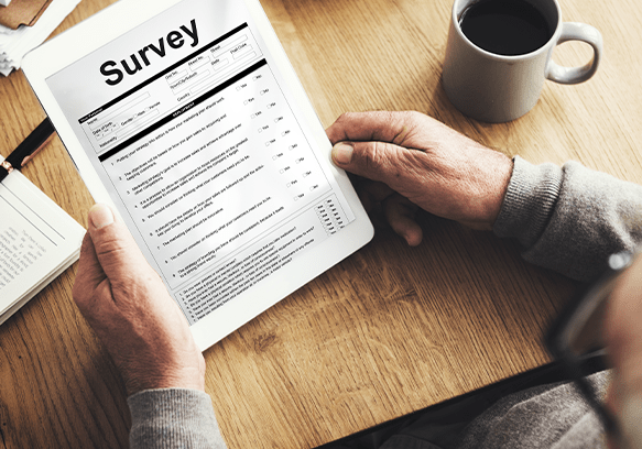 Dashboard with survey results, analytics, and multi-channel distribution.